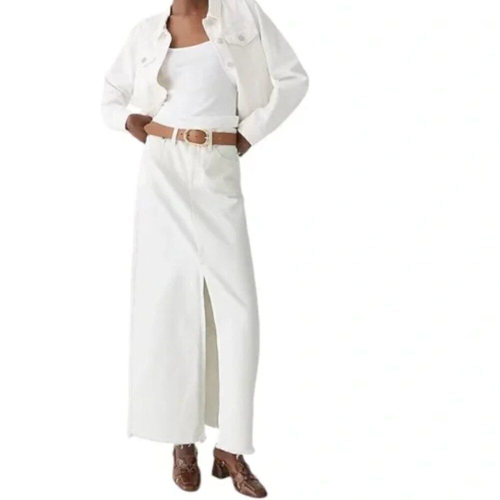 J. Crew By453 Denim maxi skirt in white Frayed hem NWT size 26